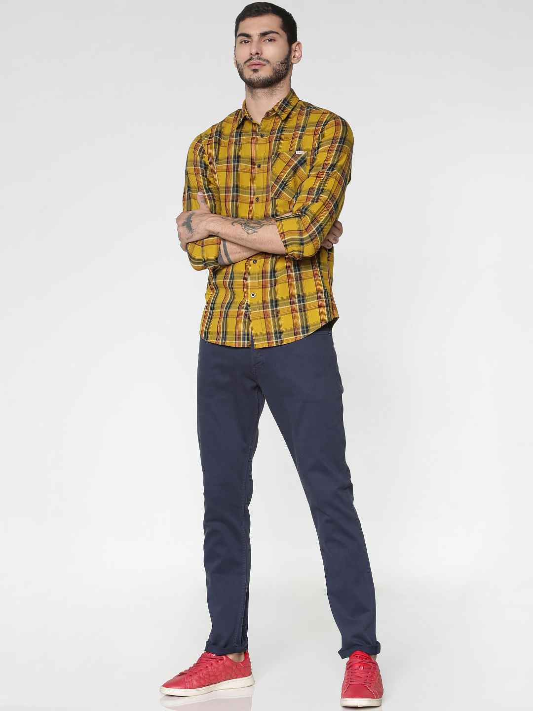 Mustard Multicoloured Checks Patch Pocket Slim Fit Full Sleeves Shirt