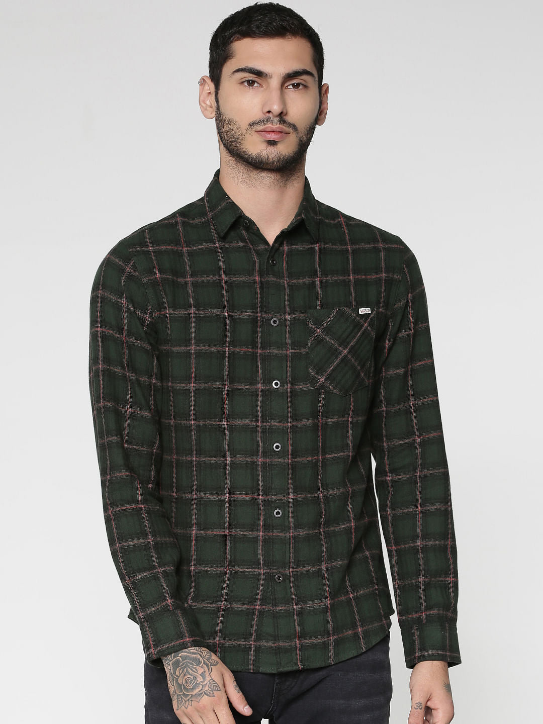 Green Checks Patch Pocket Slim Fit Full Sleeves Shirt - S
