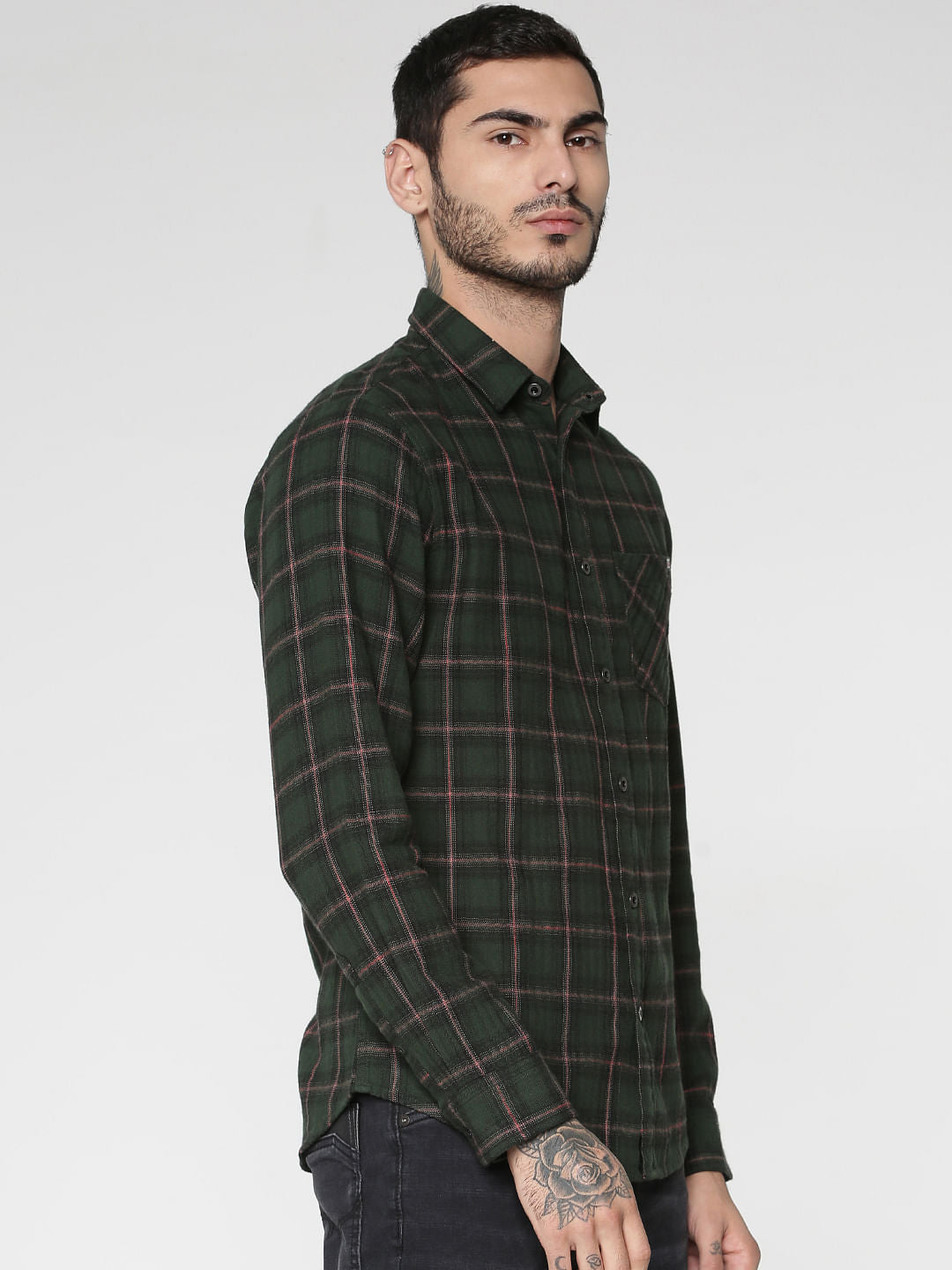 Green Checks Patch Pocket Slim Fit Full Sleeves Shirt