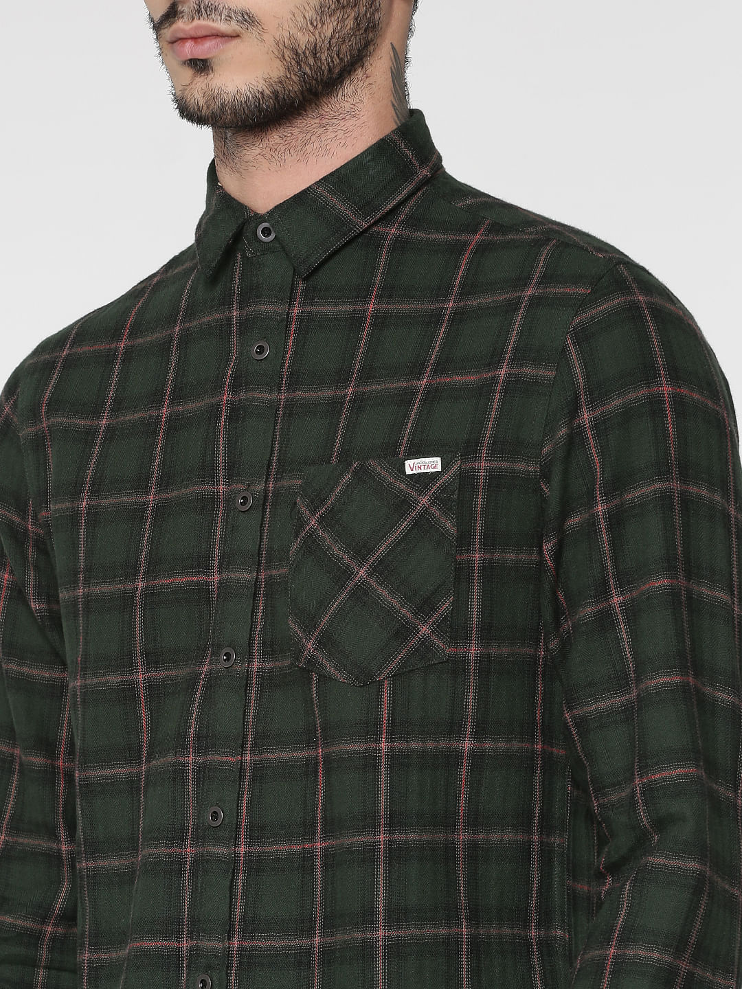 Green Checks Patch Pocket Slim Fit Full Sleeves Shirt
