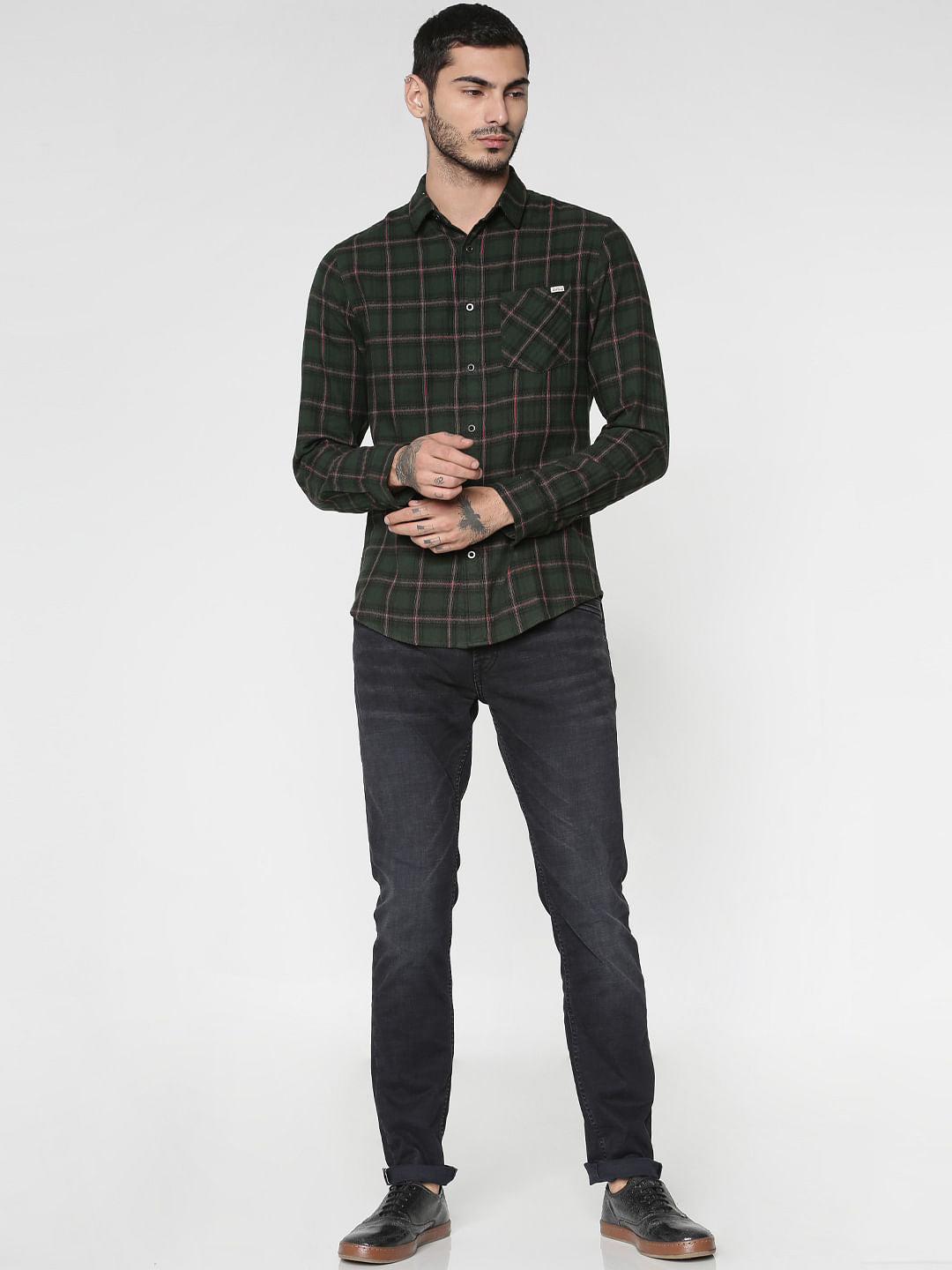 Green Checks Patch Pocket Slim Fit Full Sleeves Shirt