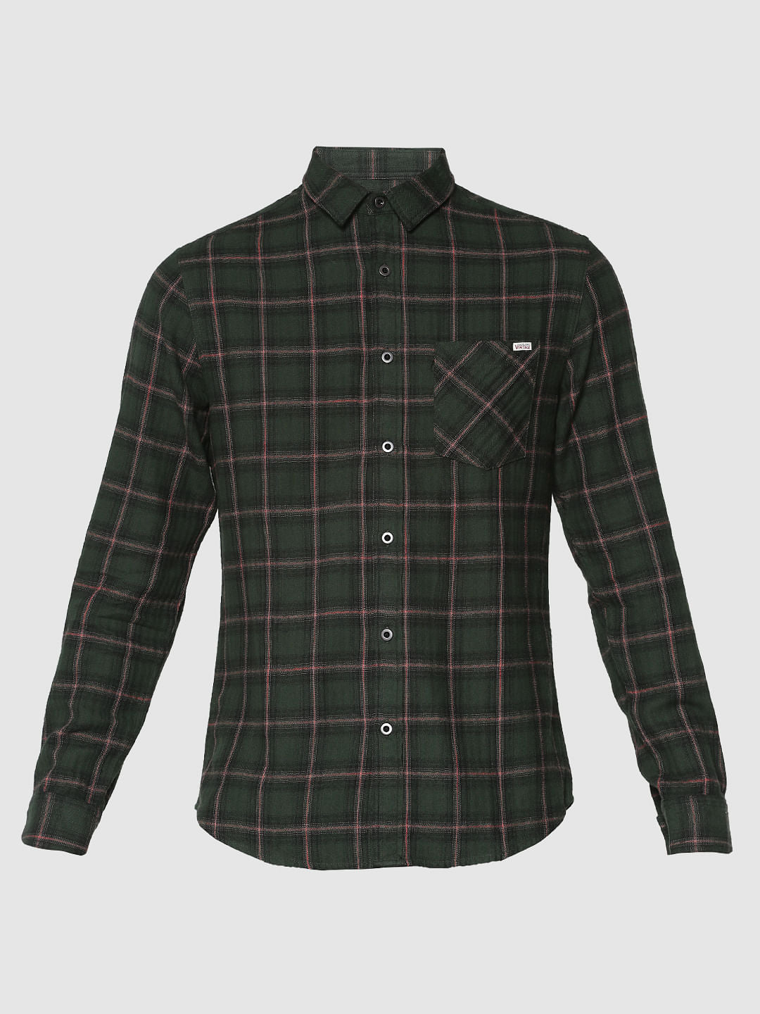 Green Checks Patch Pocket Slim Fit Full Sleeves Shirt