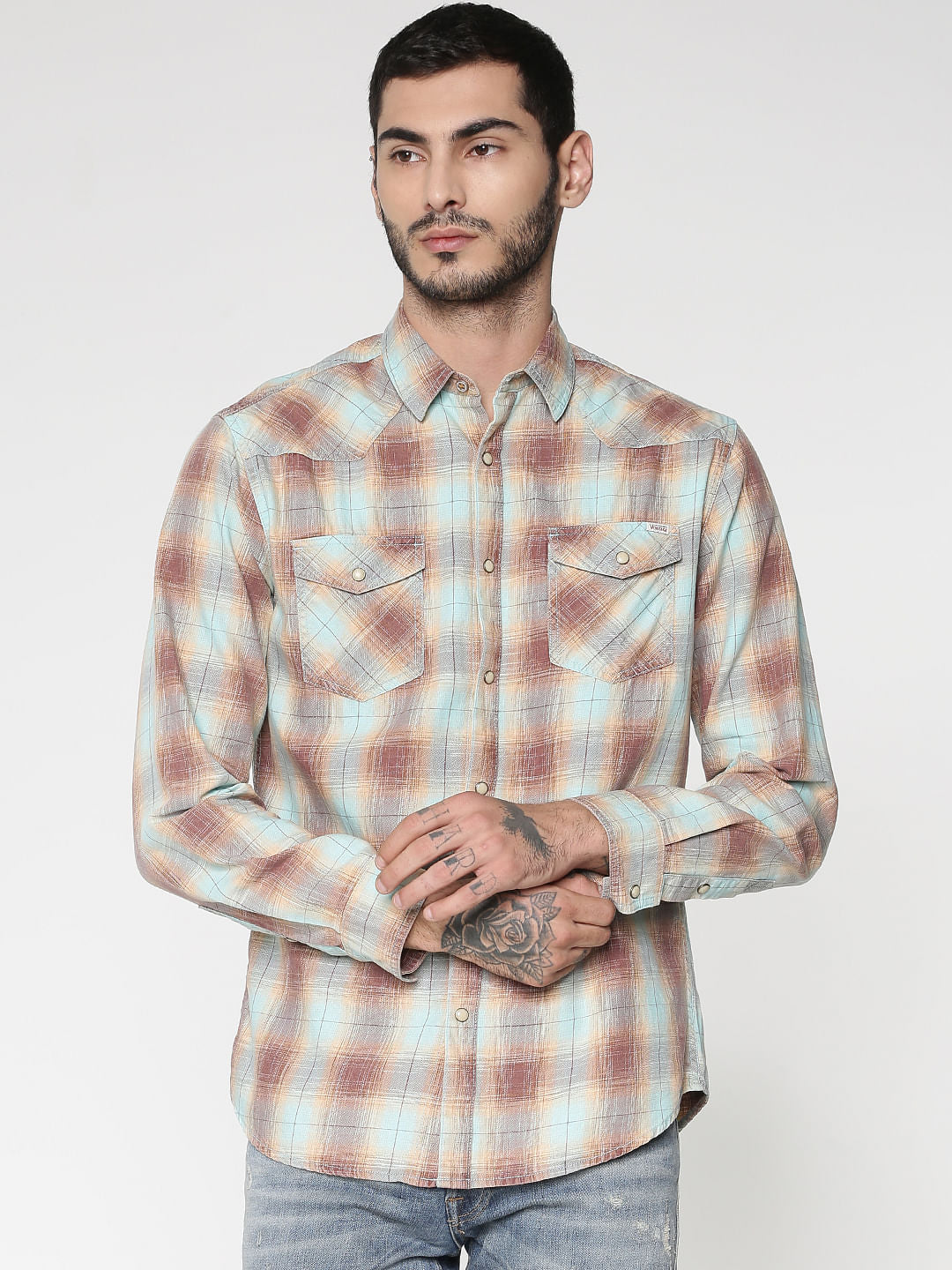 Brown Multicoloured Checks Patch Pocket Slim Fit Full Sleeves Shirt - S