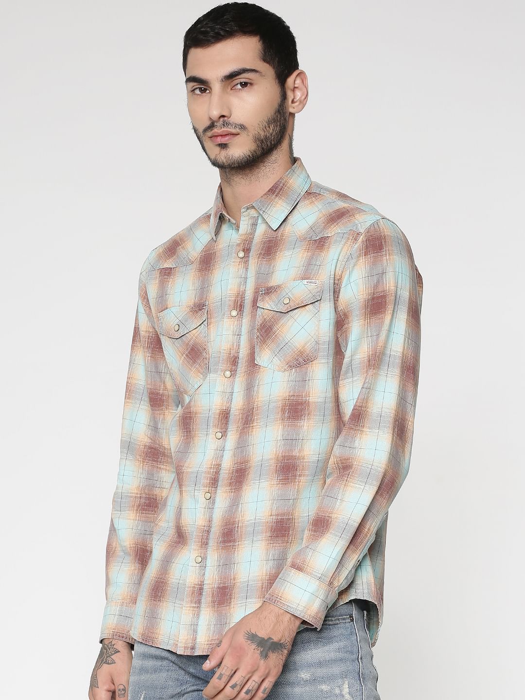 Brown Multicoloured Checks Patch Pocket Slim Fit Full Sleeves Shirt