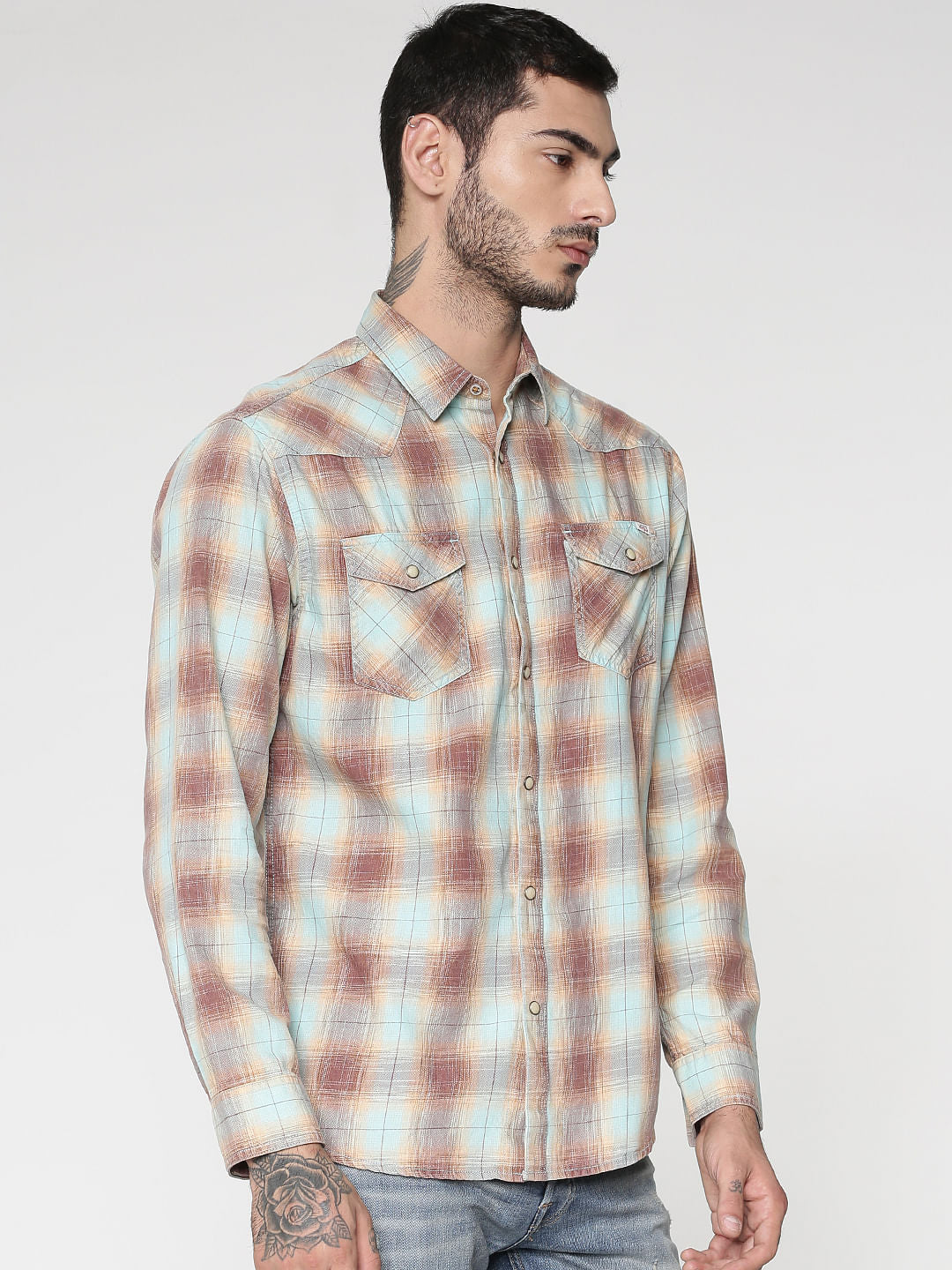 Brown Multicoloured Checks Patch Pocket Slim Fit Full Sleeves Shirt
