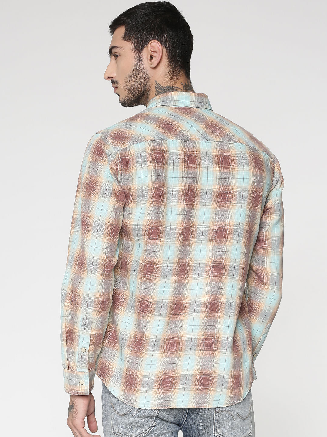 Brown Multicoloured Checks Patch Pocket Slim Fit Full Sleeves Shirt