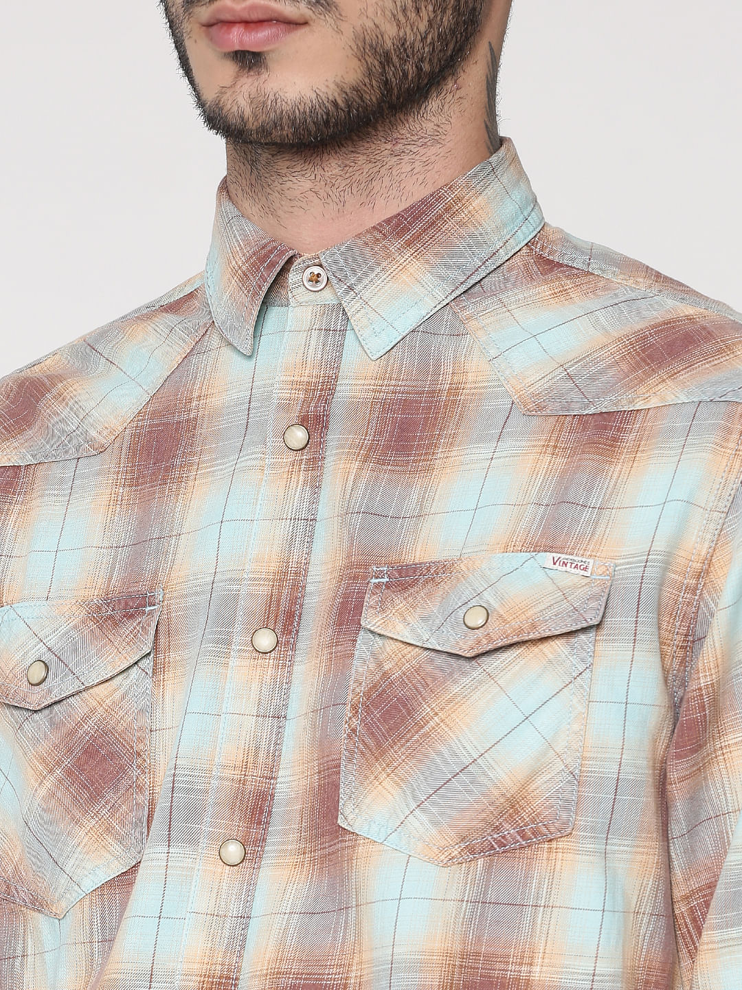 Brown Multicoloured Checks Patch Pocket Slim Fit Full Sleeves Shirt