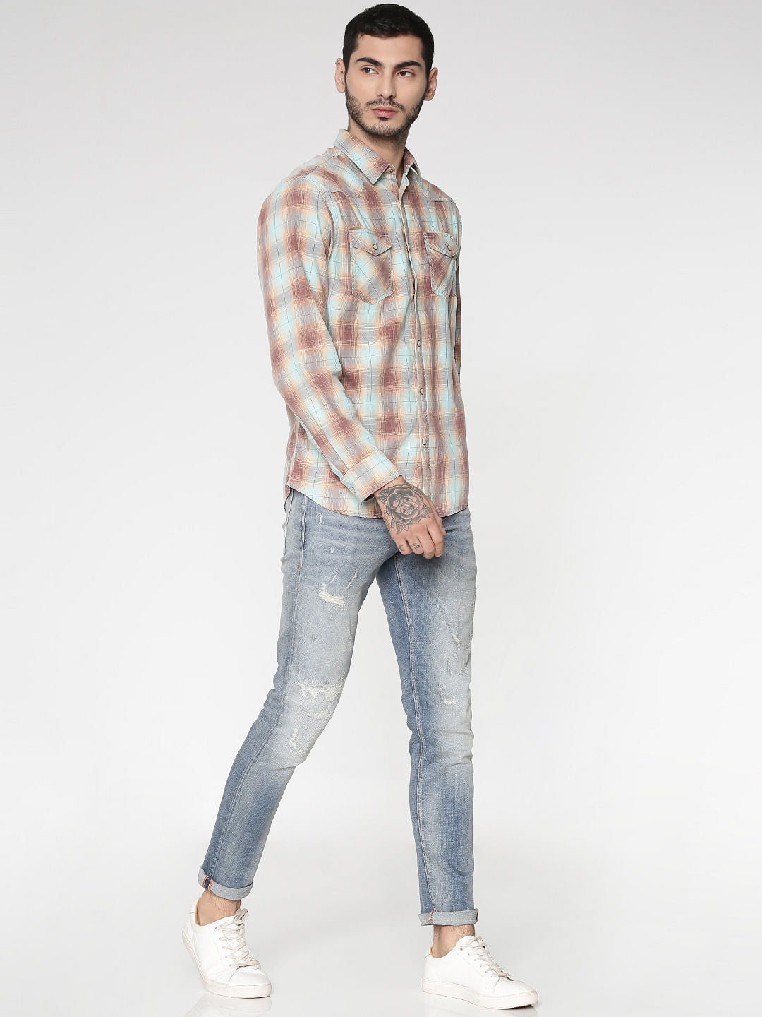 Brown Multicoloured Checks Patch Pocket Slim Fit Full Sleeves Shirt