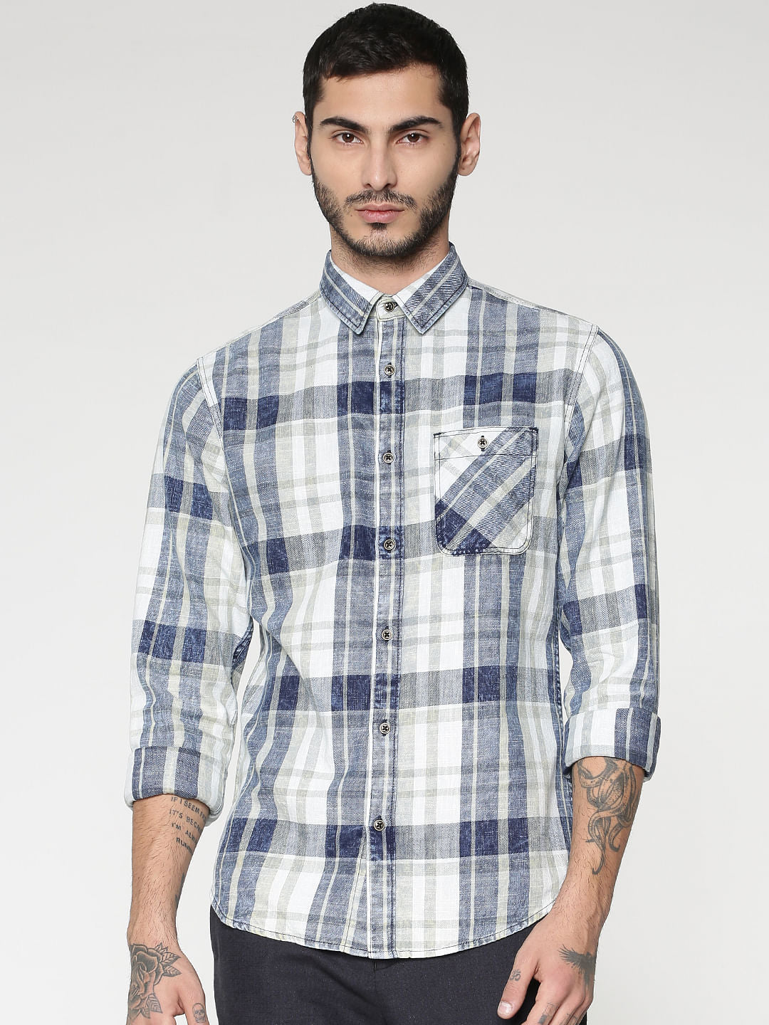 White Multicoloured Checks Washed Slim Fit Full Sleeves Shirt - S