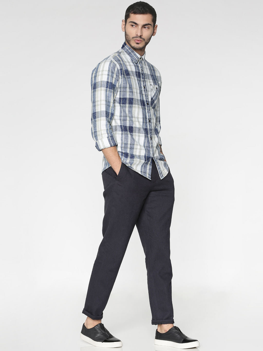 White Multicoloured Checks Washed Slim Fit Full Sleeves Shirt