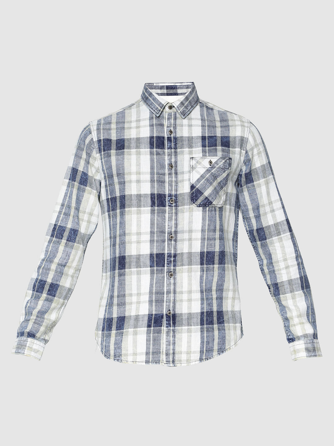 White Multicoloured Checks Washed Slim Fit Full Sleeves Shirt