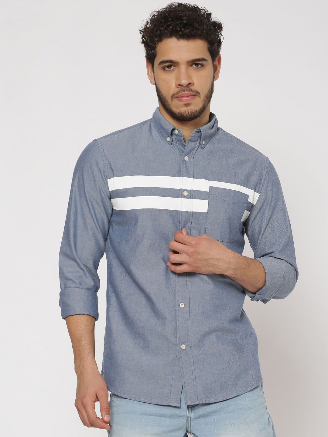 Blue Front Striped Patch Slim Fit Full Sleeves Shirt