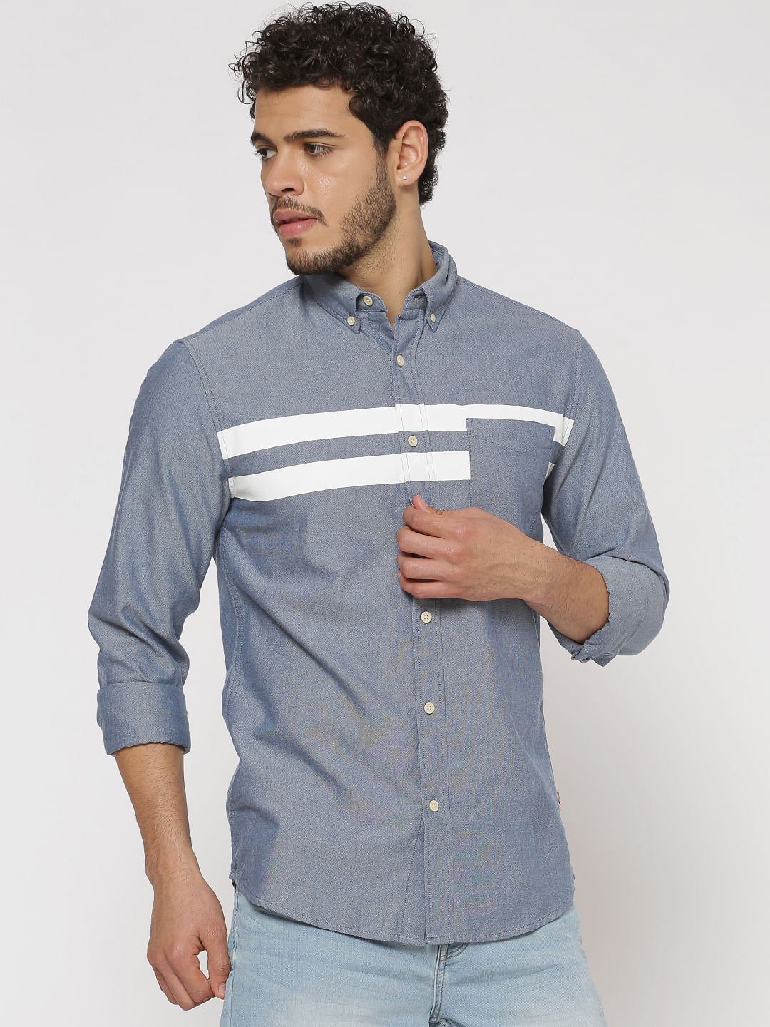 Blue Front Striped Patch Slim Fit Full Sleeves Shirt