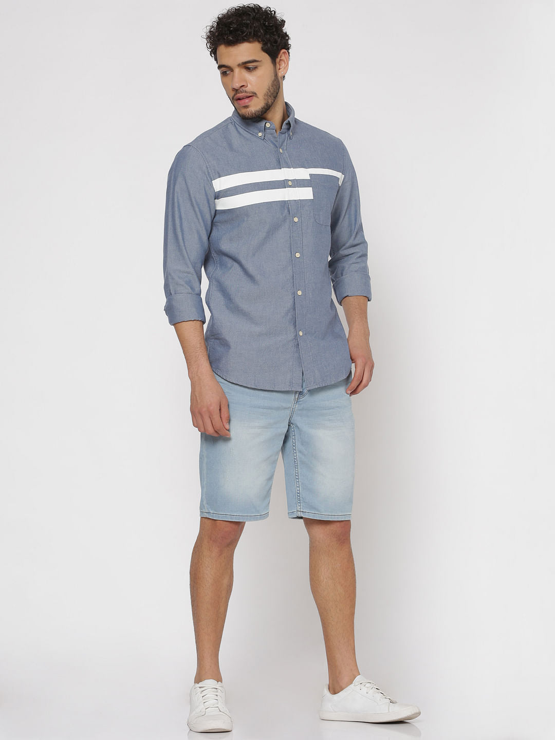 Blue Front Striped Patch Slim Fit Full Sleeves Shirt
