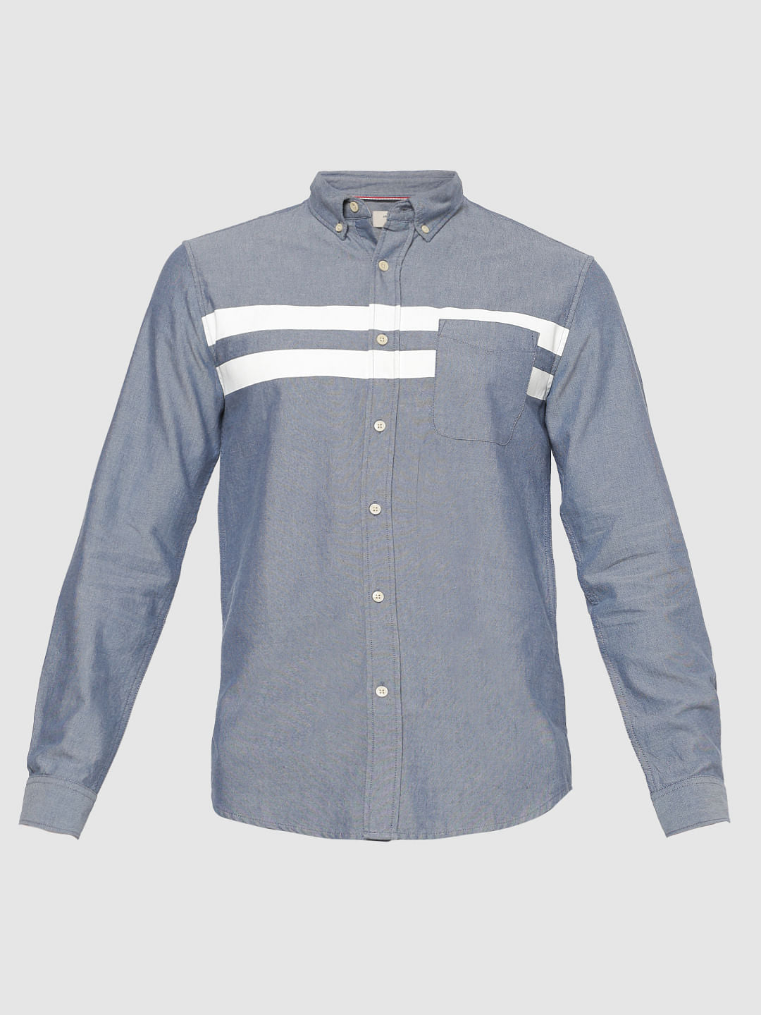 Blue Front Striped Patch Slim Fit Full Sleeves Shirt