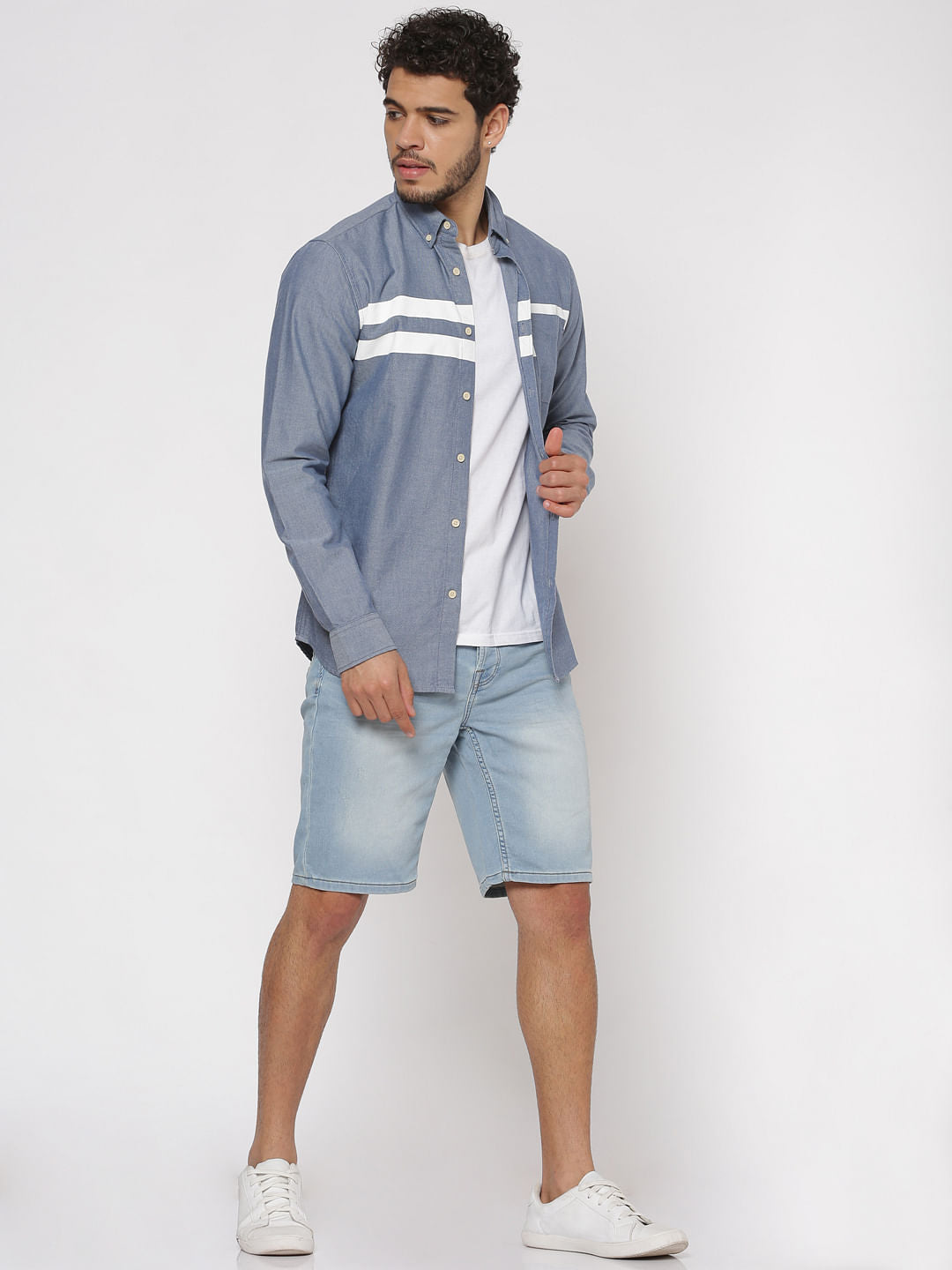 Blue Front Striped Patch Slim Fit Full Sleeves Shirt