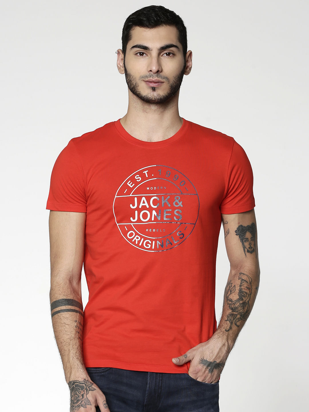 Red Text Print Slim Fit Crew Neck T-Shirt