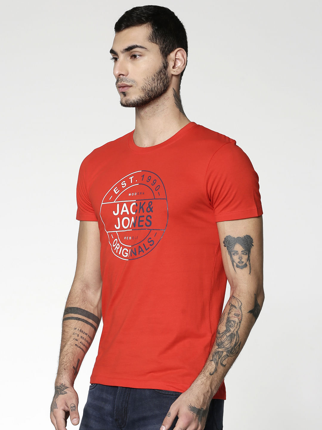 Red Text Print Slim Fit Crew Neck T-Shirt