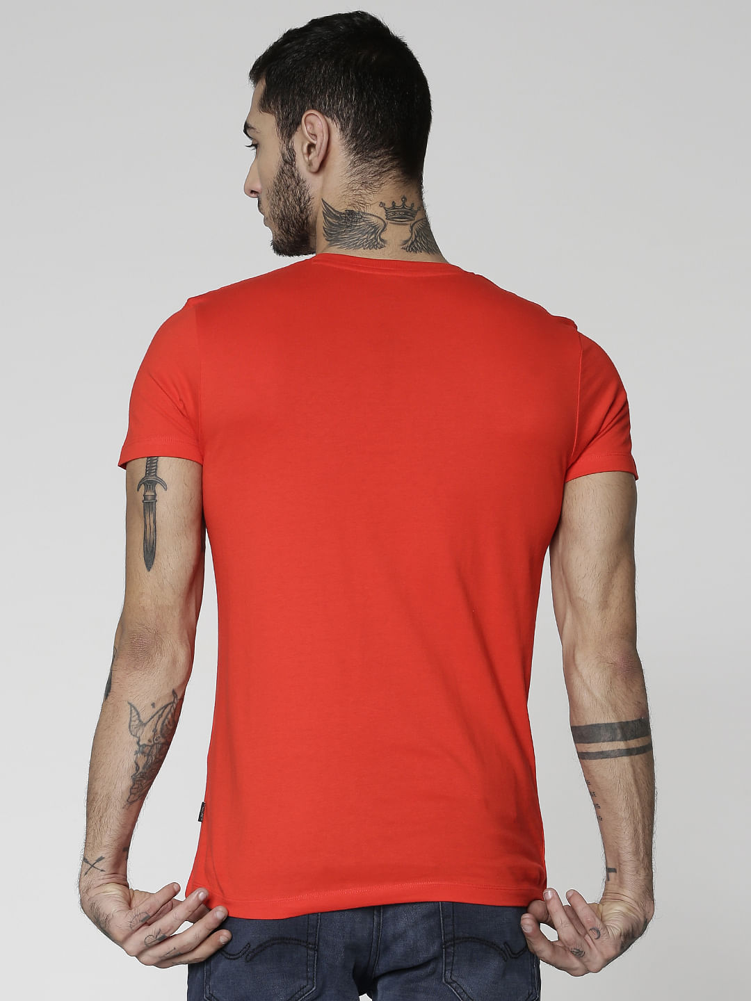 Red Text Print Slim Fit Crew Neck T-Shirt