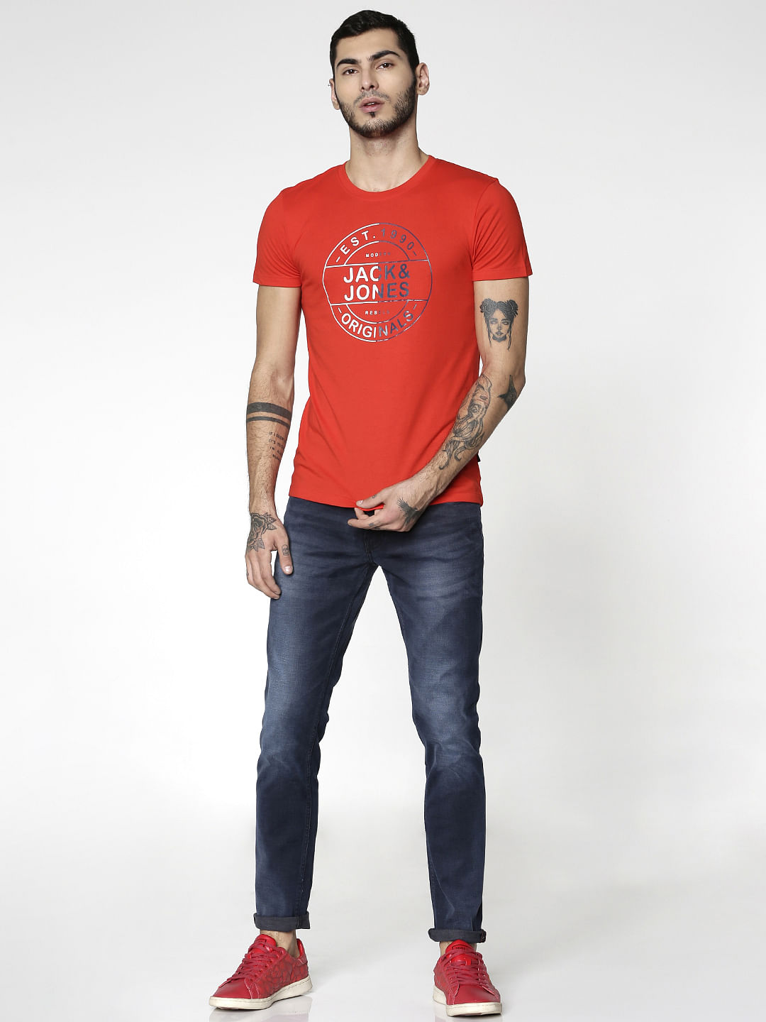 Red Text Print Slim Fit Crew Neck T-Shirt