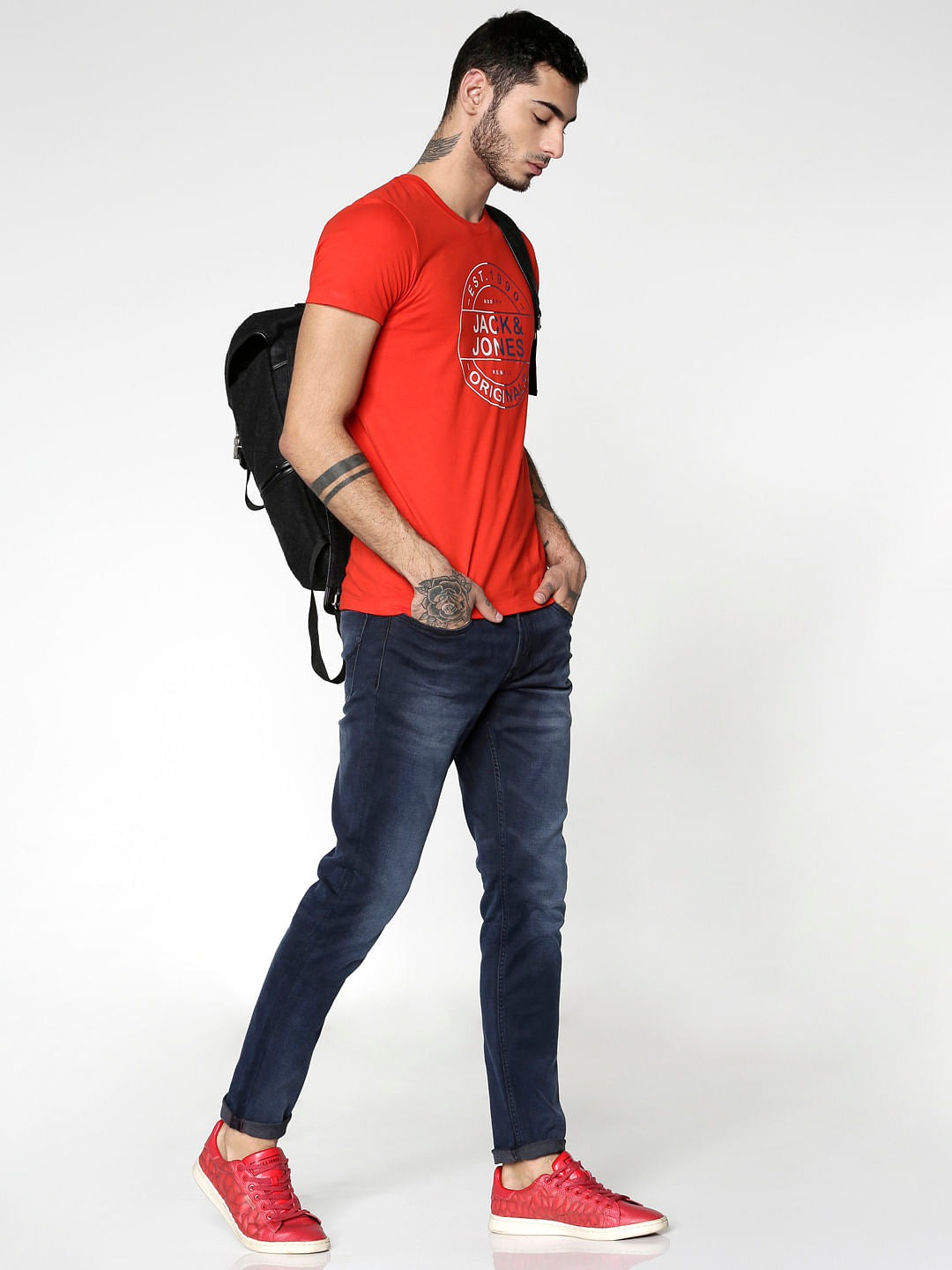 Red Text Print Slim Fit Crew Neck T-Shirt