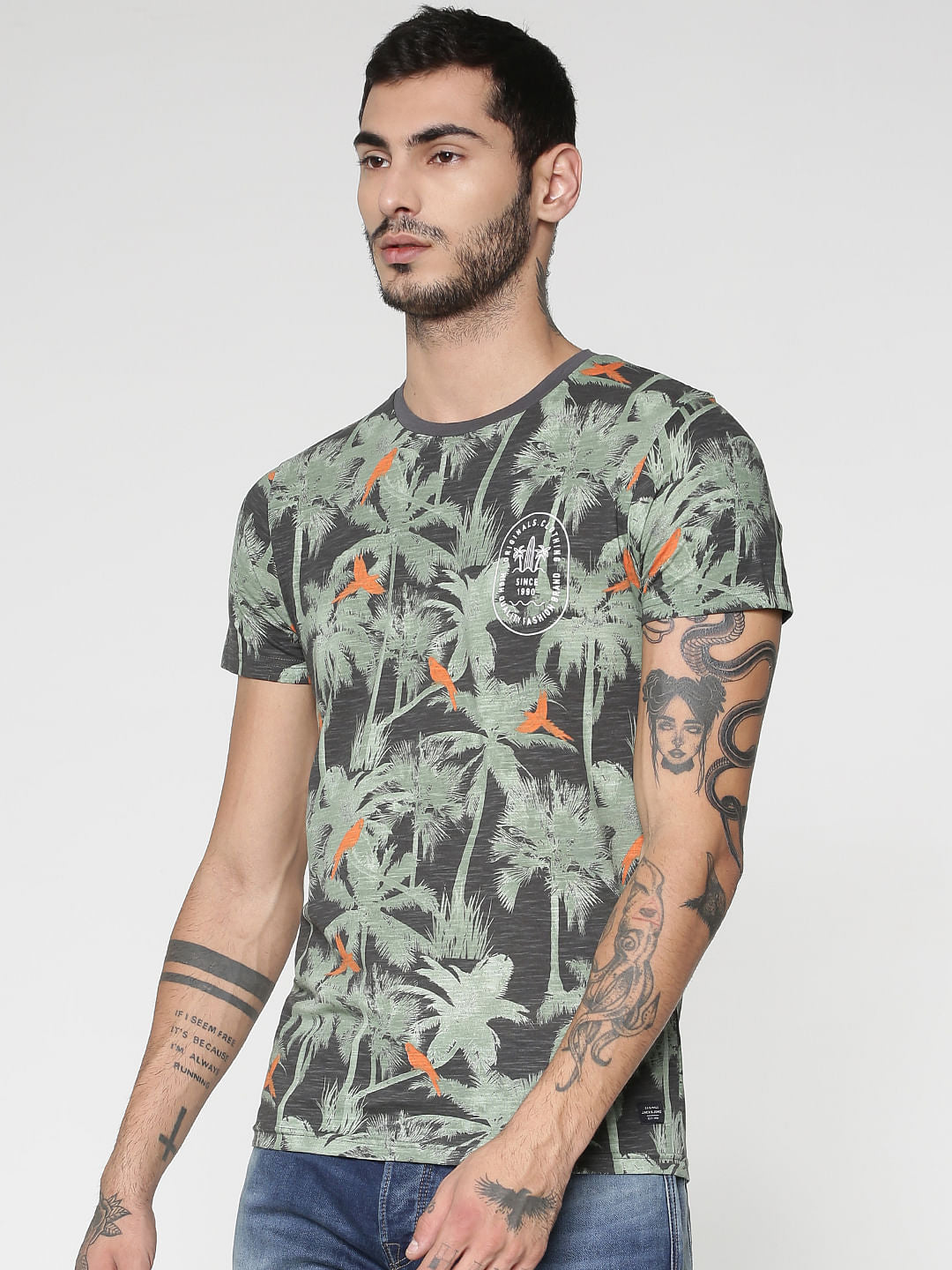 Grey All Over Palm Tree Print Slim Fit Crew Neck T-Shirt - S