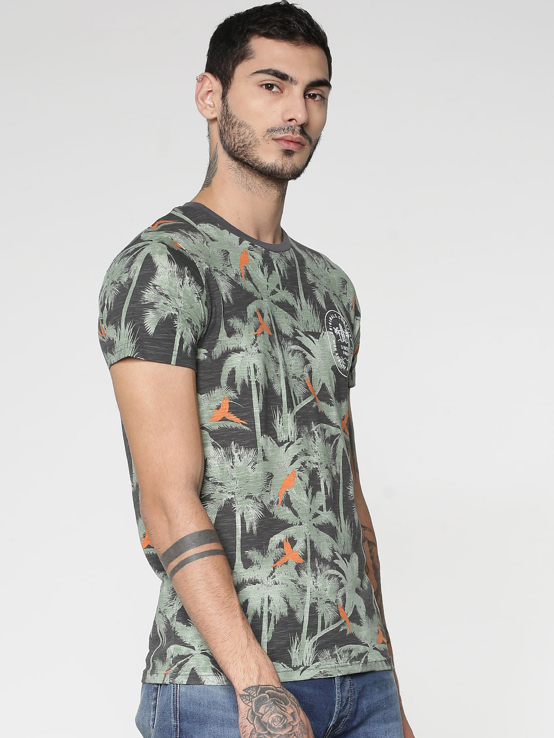 Grey All Over Palm Tree Print Slim Fit Crew Neck T-Shirt