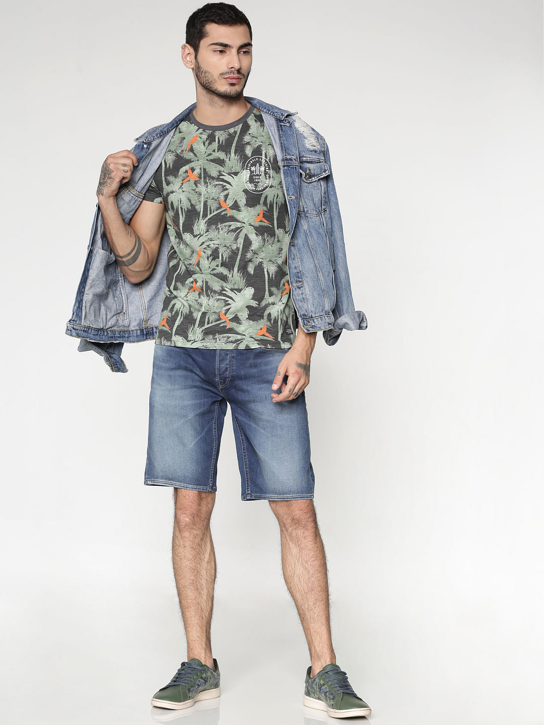 Grey All Over Palm Tree Print Slim Fit Crew Neck T-Shirt