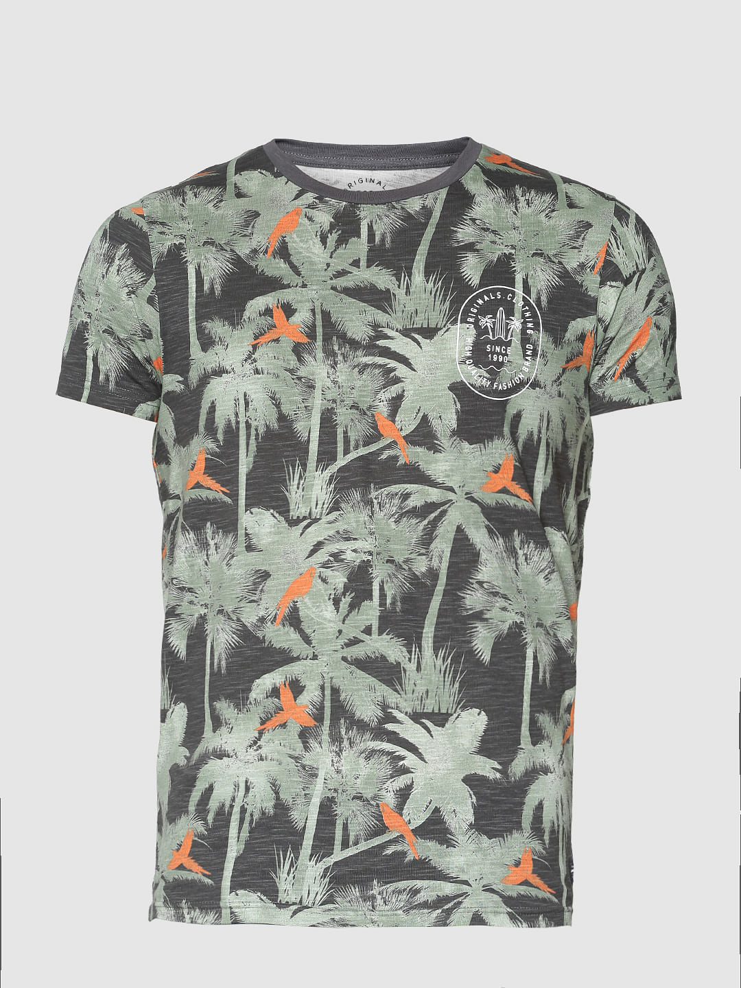 Grey All Over Palm Tree Print Slim Fit Crew Neck T-Shirt