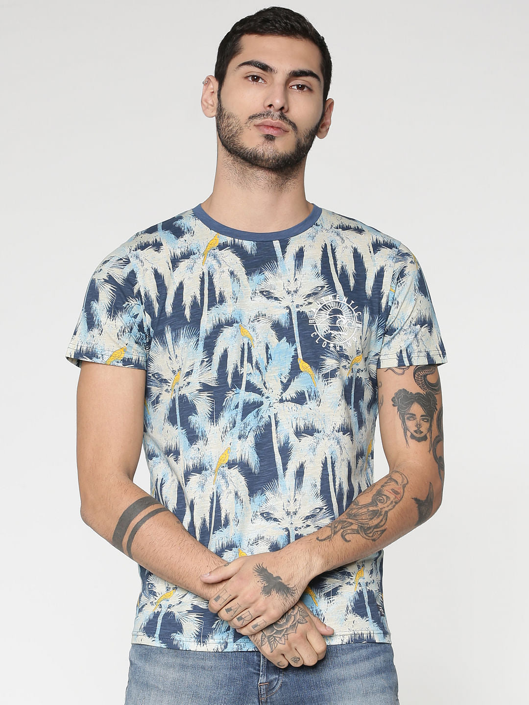 Blue All Over Palm Tree Print Slim Fit Crew Neck T-Shirt - S