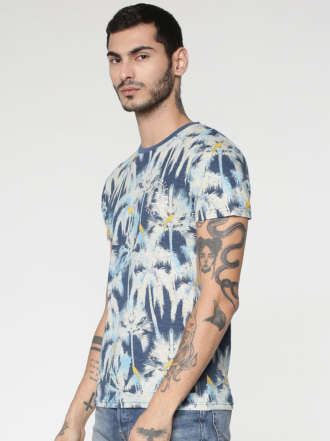 Blue All Over Palm Tree Print Slim Fit Crew Neck T-Shirt