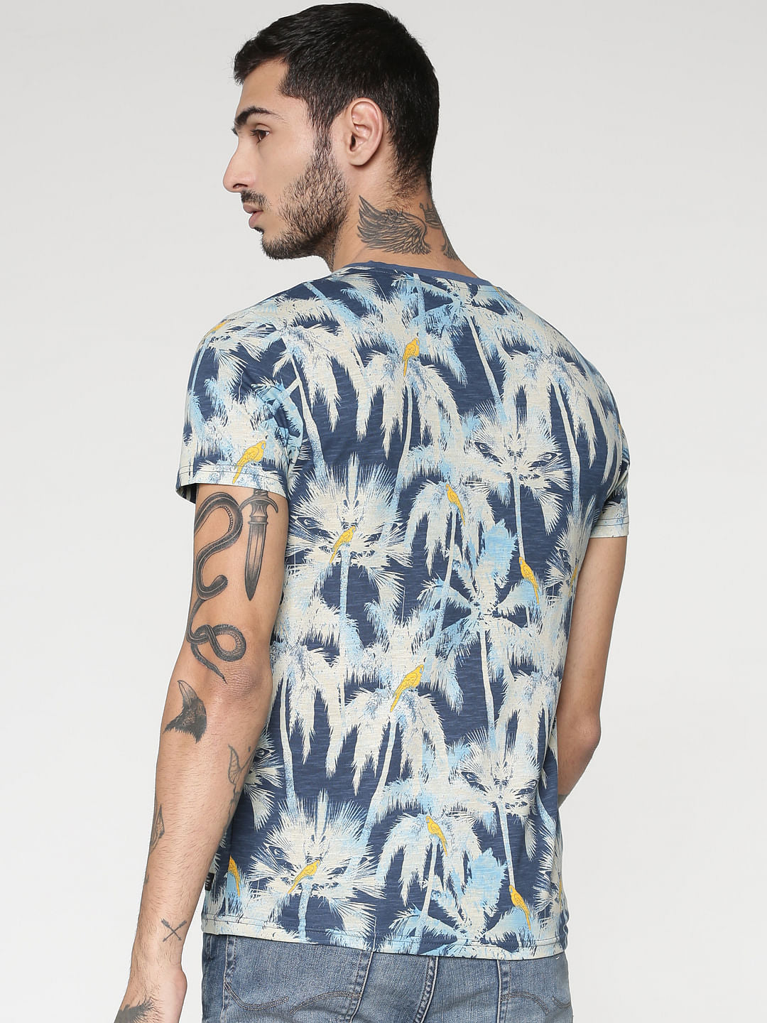 Blue All Over Palm Tree Print Slim Fit Crew Neck T-Shirt