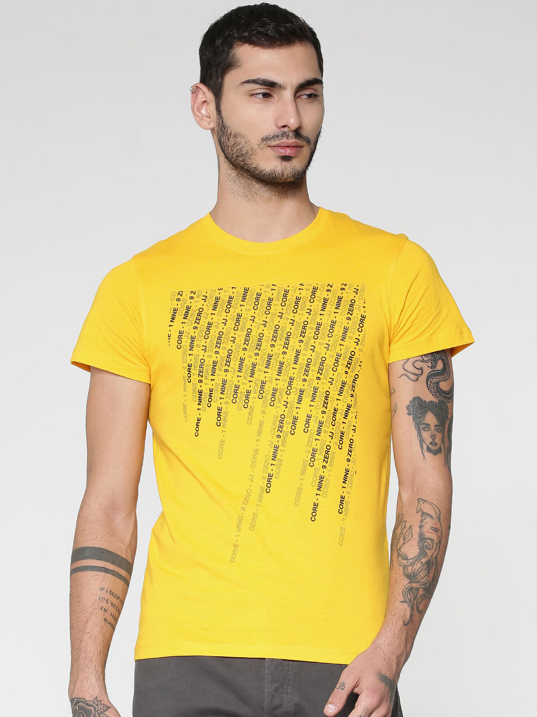 Yellow Text Print Slim Fit Crew Neck T-Shirt - S