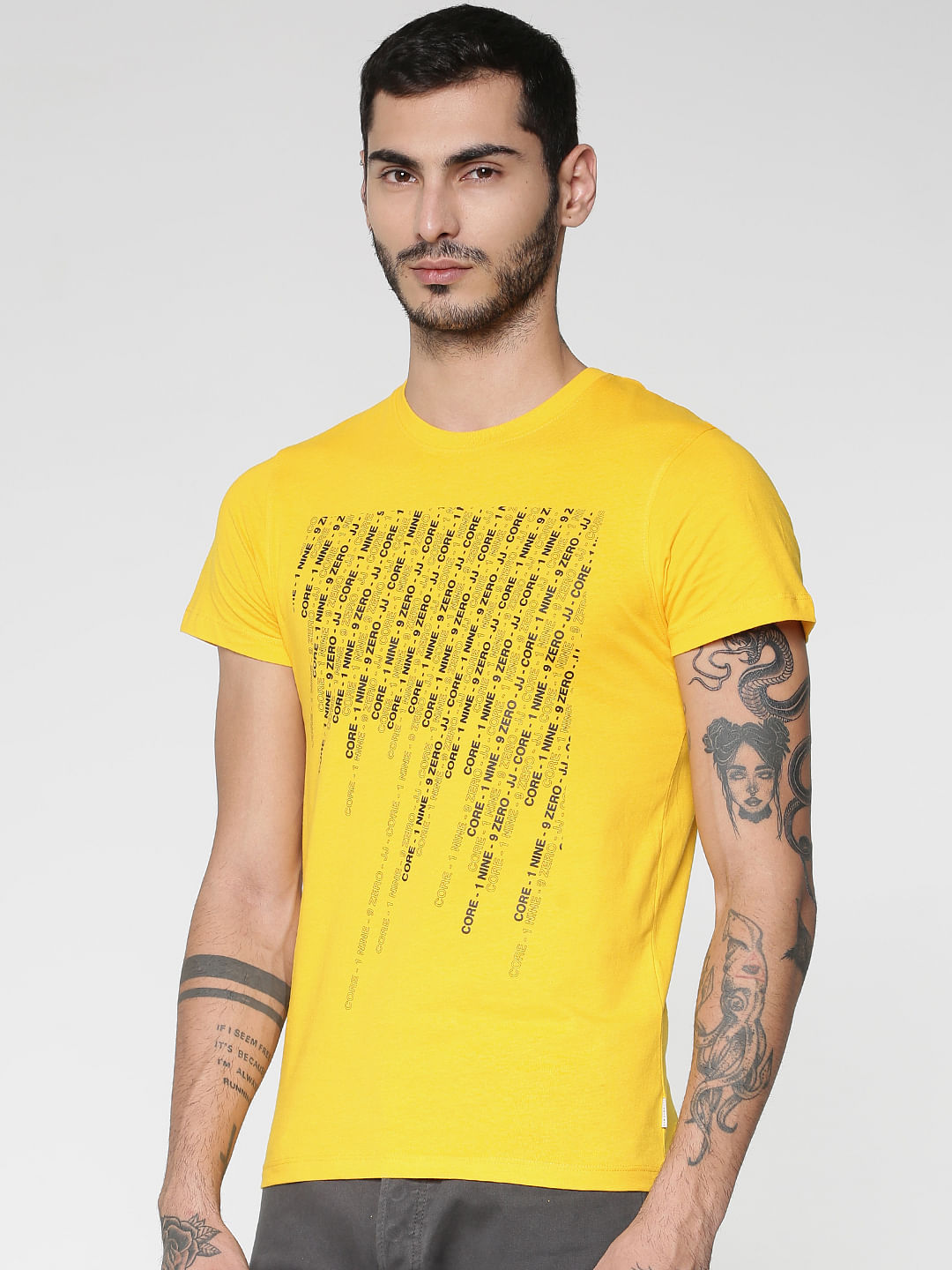 Yellow Text Print Slim Fit Crew Neck T-Shirt