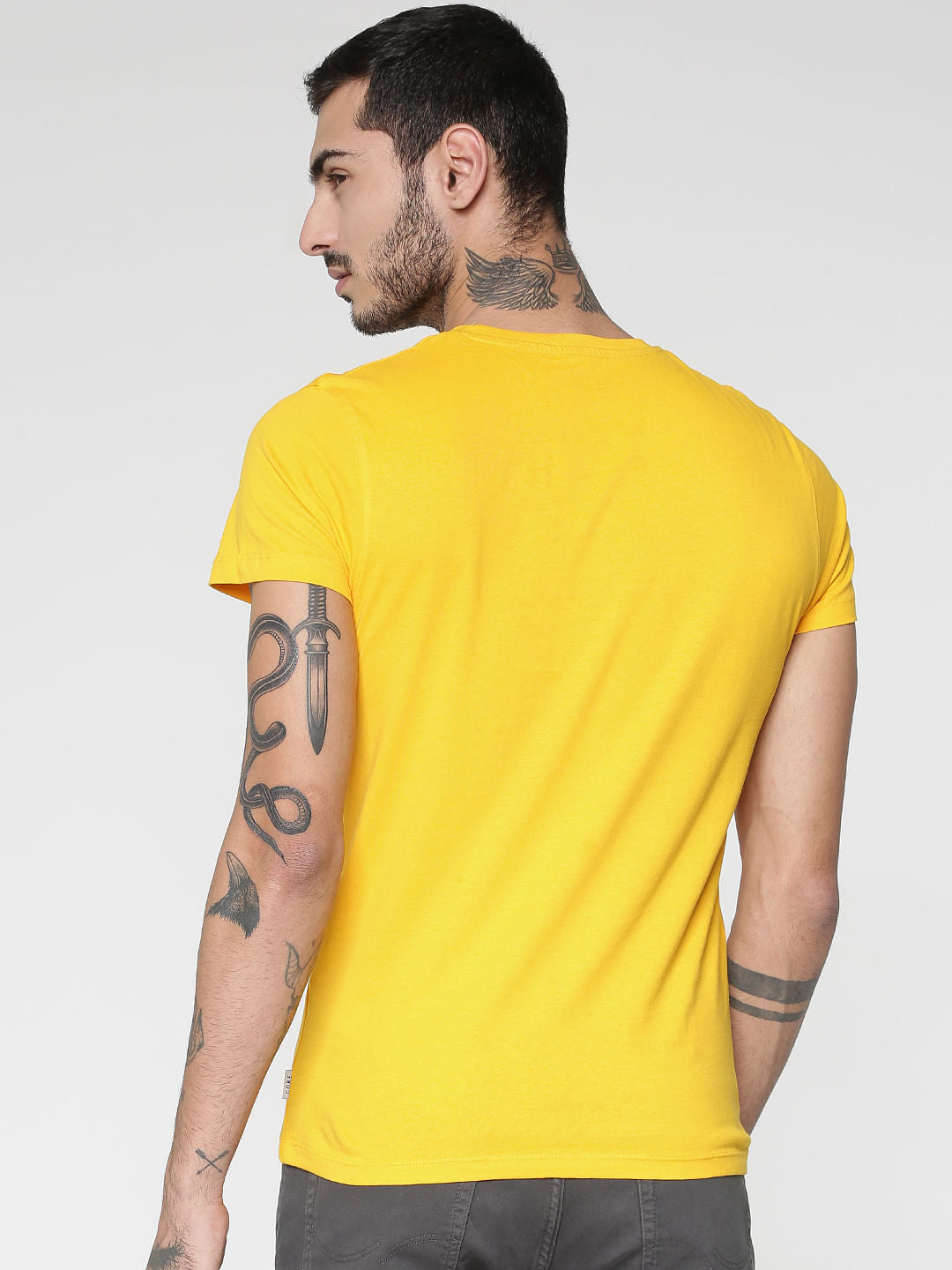 Yellow Text Print Slim Fit Crew Neck T-Shirt