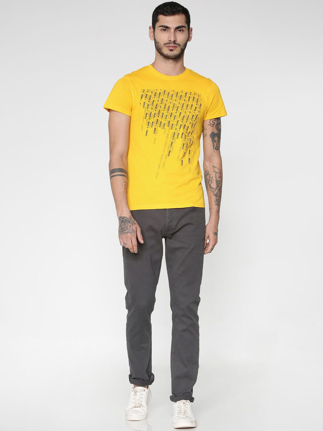 Yellow Text Print Slim Fit Crew Neck T-Shirt
