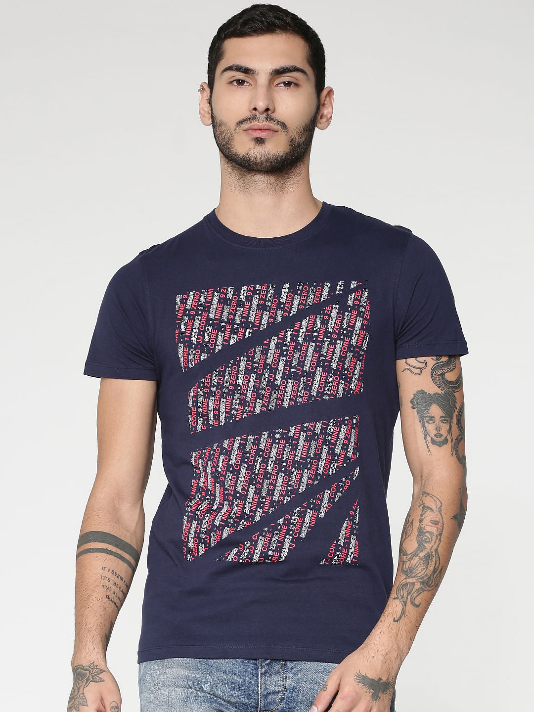 Blue Text Print Slim Fit Crew Neck T-Shirt - S