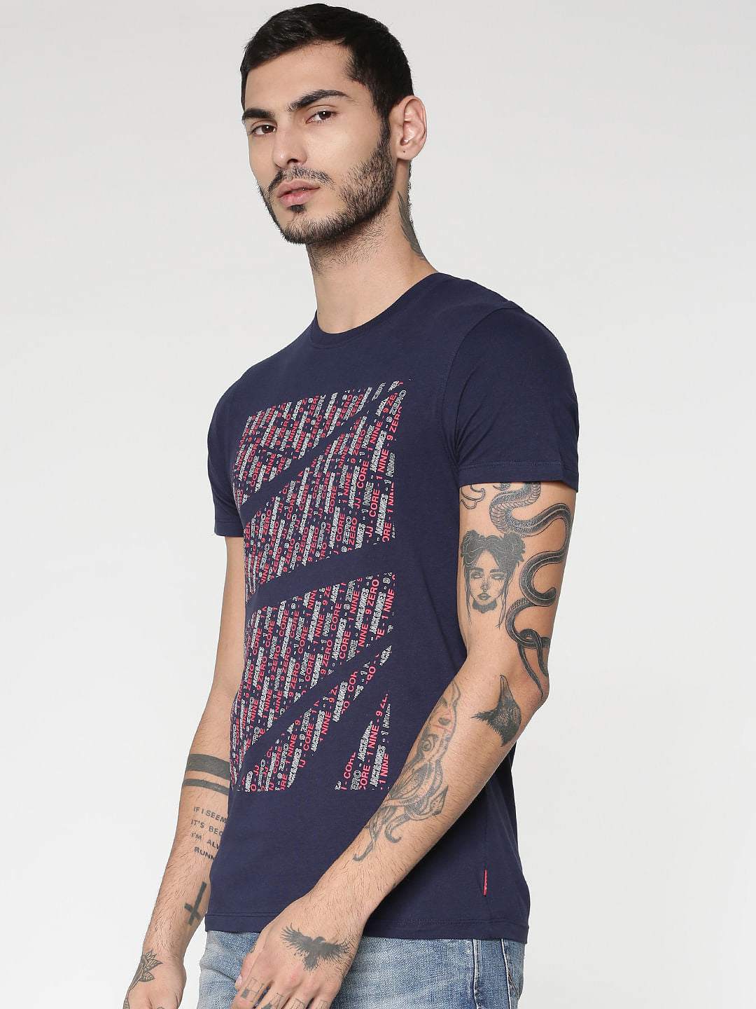 Blue Text Print Slim Fit Crew Neck T-Shirt