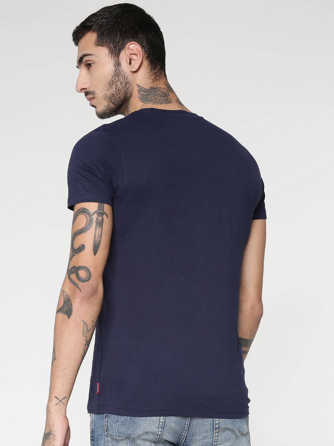 Blue Text Print Slim Fit Crew Neck T-Shirt