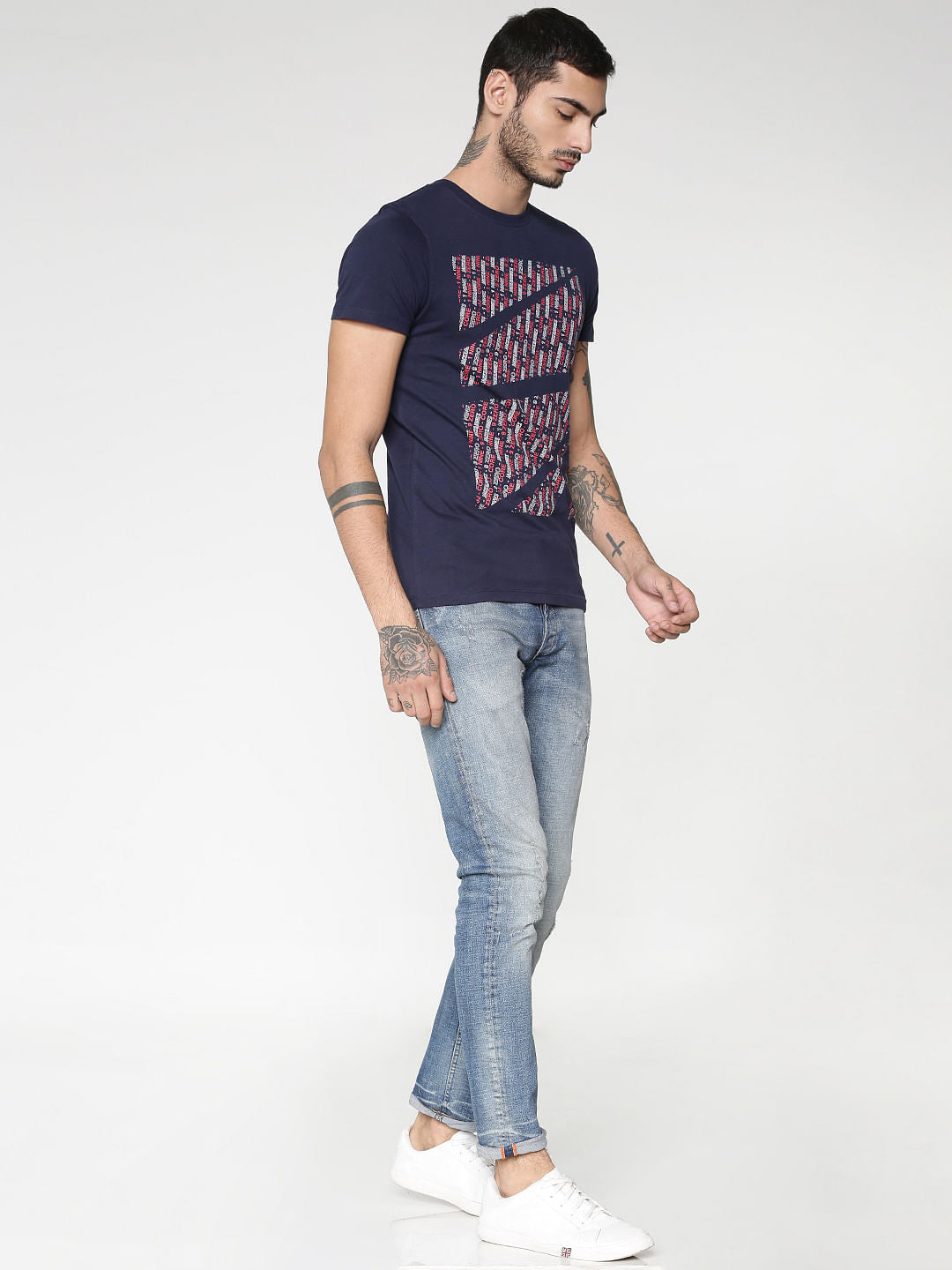 Blue Text Print Slim Fit Crew Neck T-Shirt