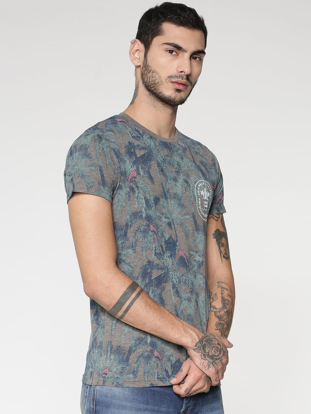 Grey All Over Palm Tree Print Slim Fit Crew Neck T-Shirt