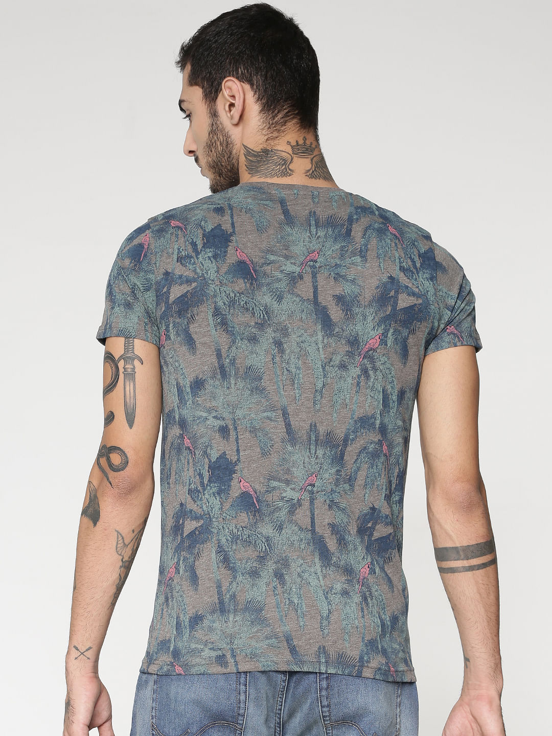 Grey All Over Palm Tree Print Slim Fit Crew Neck T-Shirt