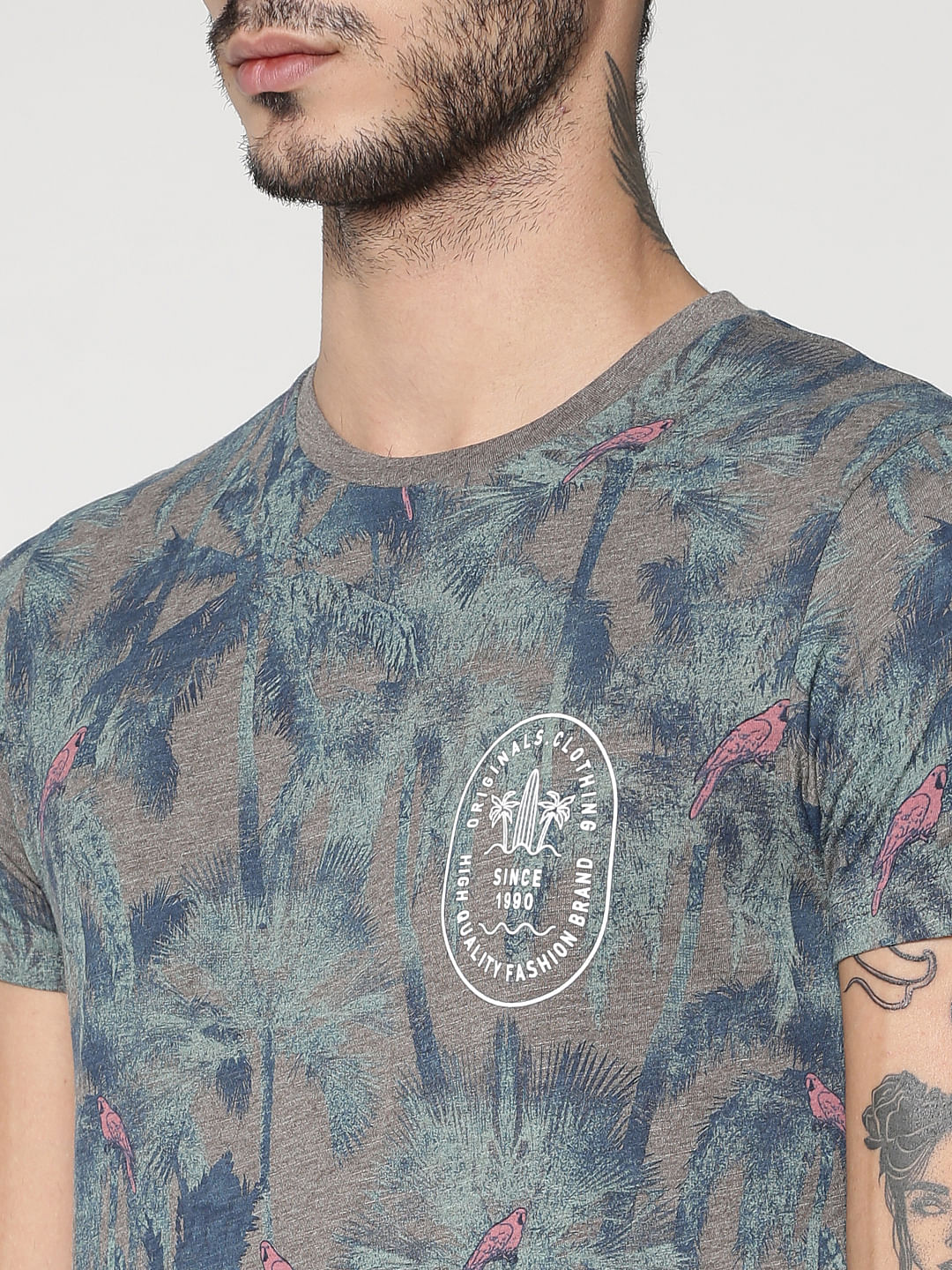 Grey All Over Palm Tree Print Slim Fit Crew Neck T-Shirt
