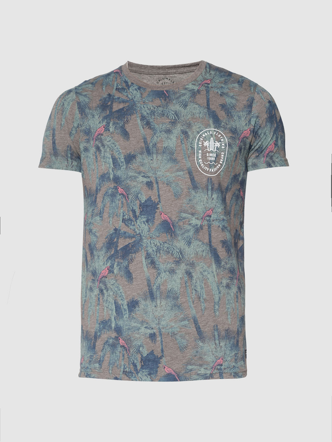 Grey All Over Palm Tree Print Slim Fit Crew Neck T-Shirt