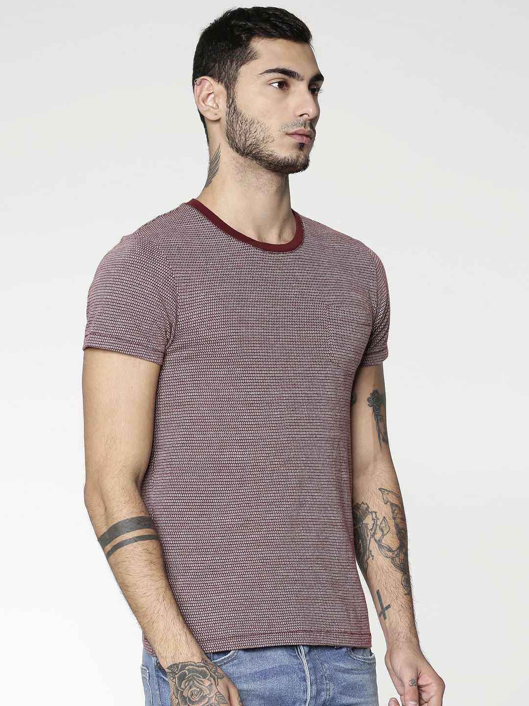 Purple Jacquard Slim Fit Crew Neck T-Shirt