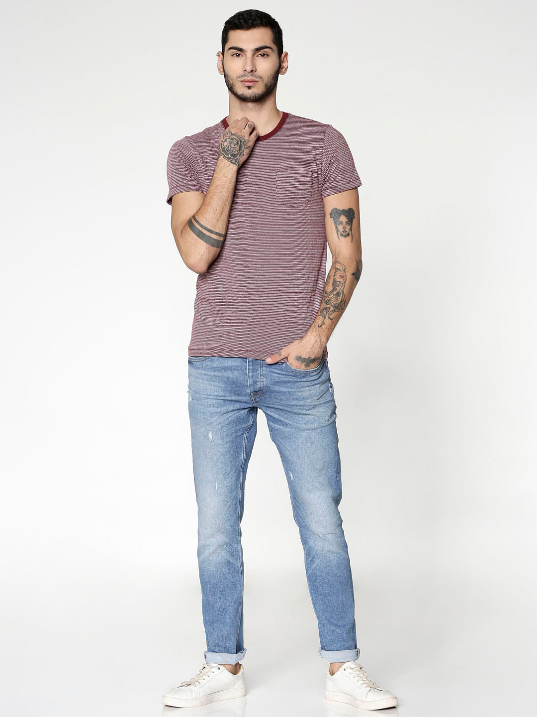 Purple Jacquard Slim Fit Crew Neck T-Shirt