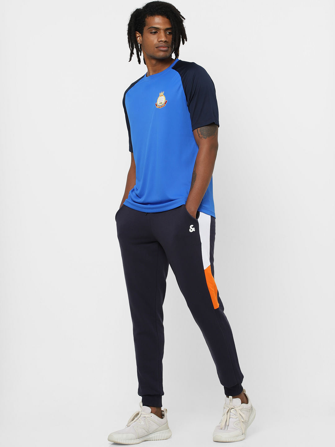 Blue Colourblocked Crew Neck T-shirt - S