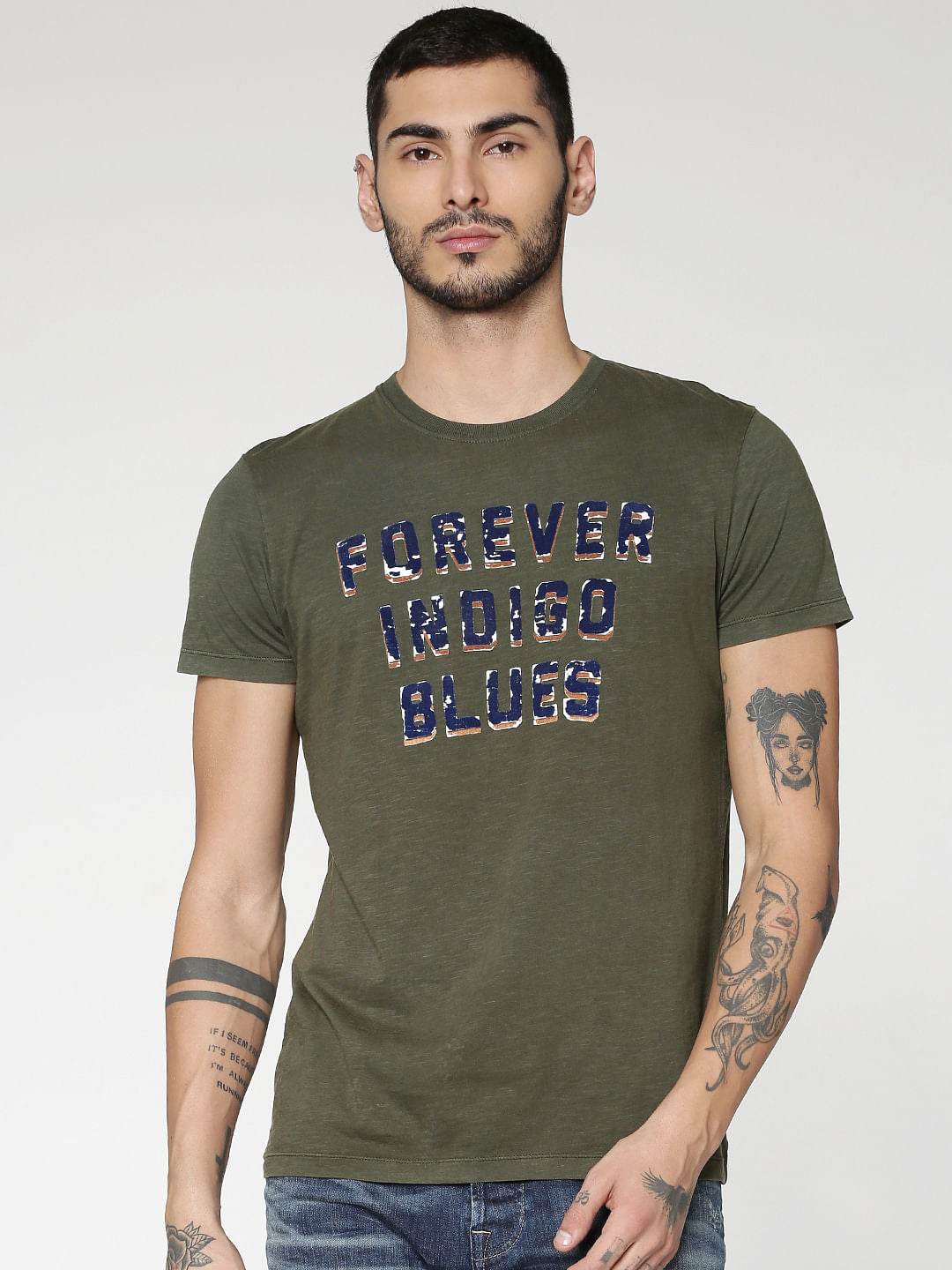 Green Text Print Slim Fit Crew Neck T-Shirt - S