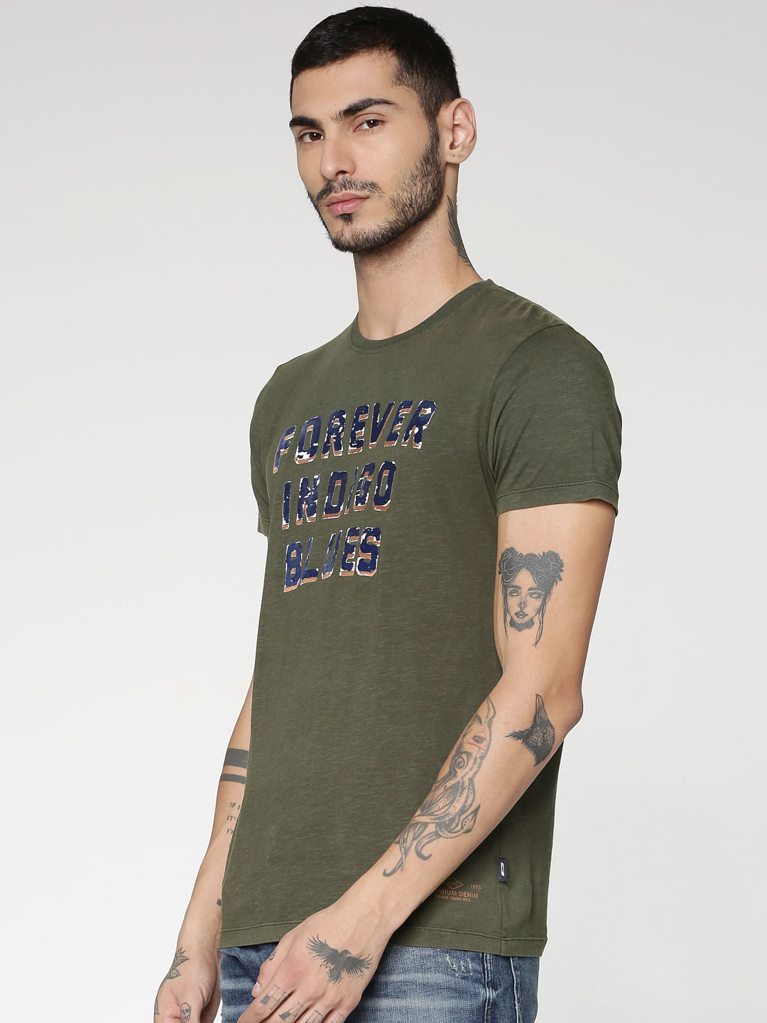 Green Text Print Slim Fit Crew Neck T-Shirt