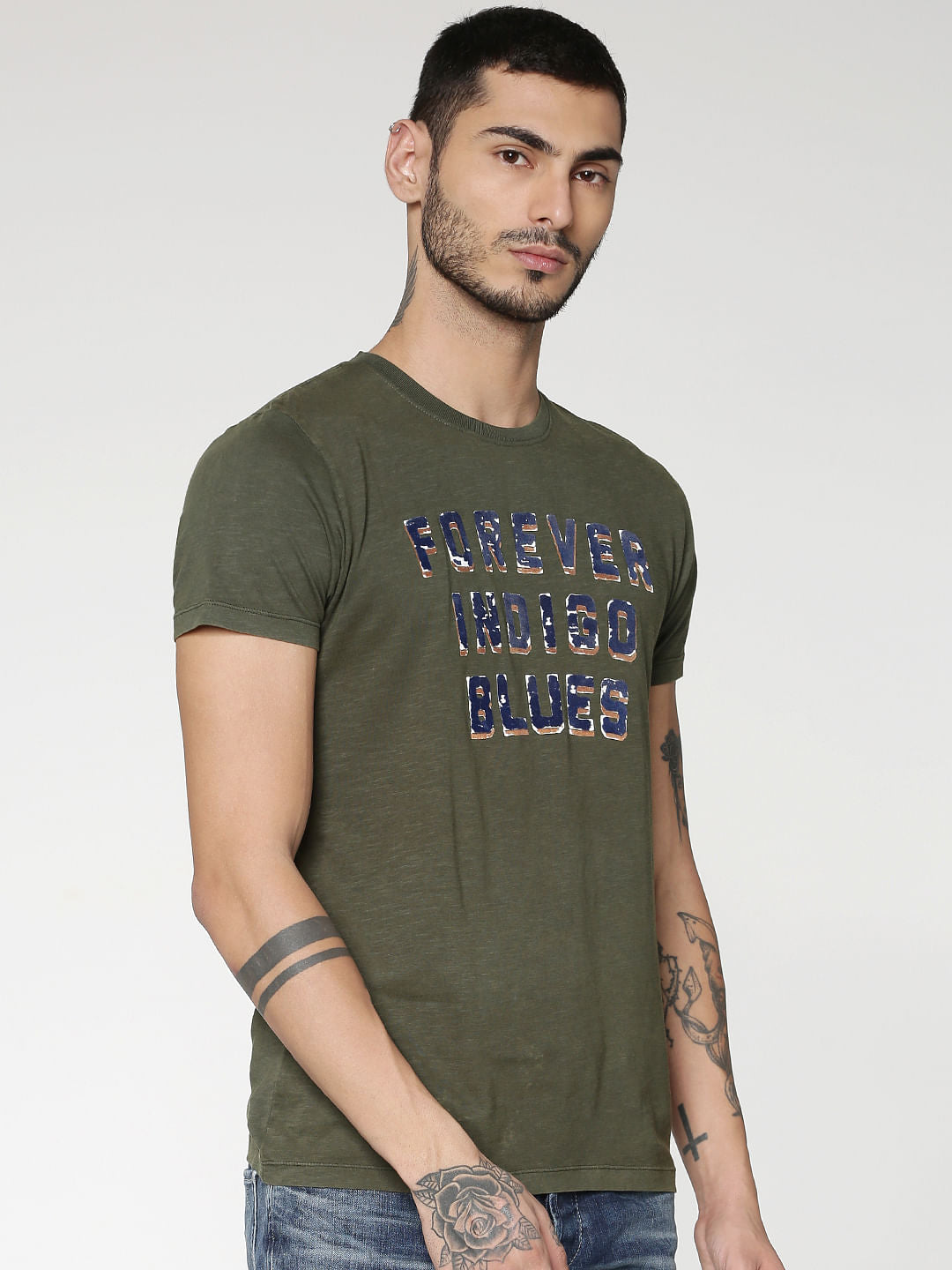 Green Text Print Slim Fit Crew Neck T-Shirt